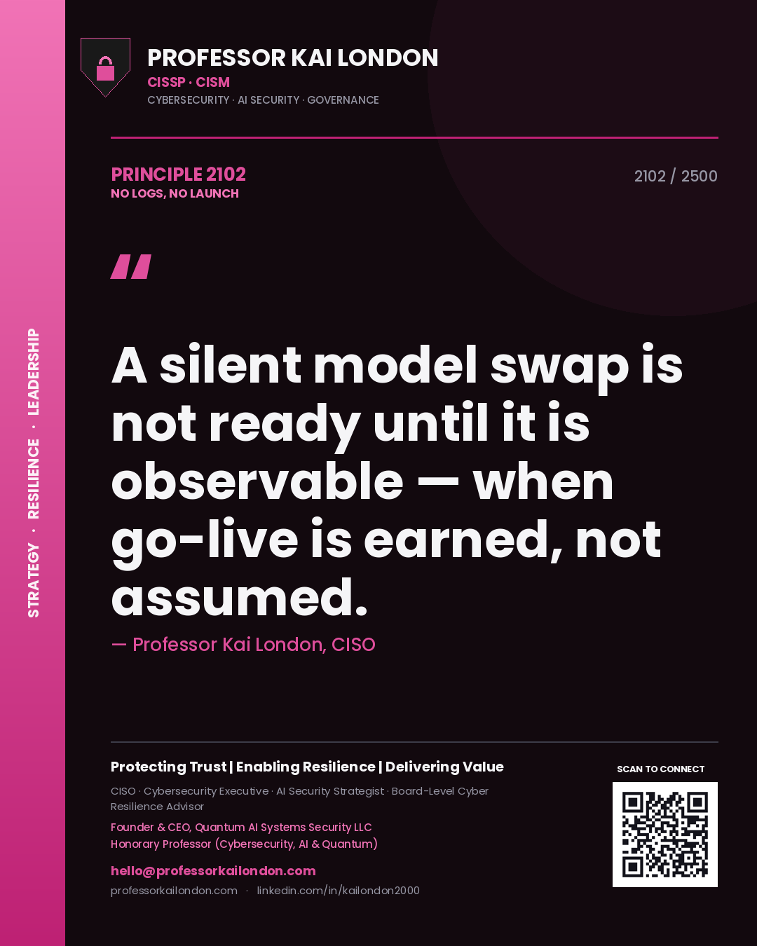 Professor Kai London principle 2102: A silent model swap is not ready until it is observable — when go-live is earned, not assumed.