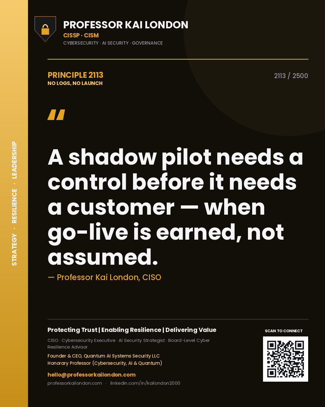 Professor Kai London principle 2113: A shadow pilot needs a control before it needs a customer — when go-live is earned, not assumed.