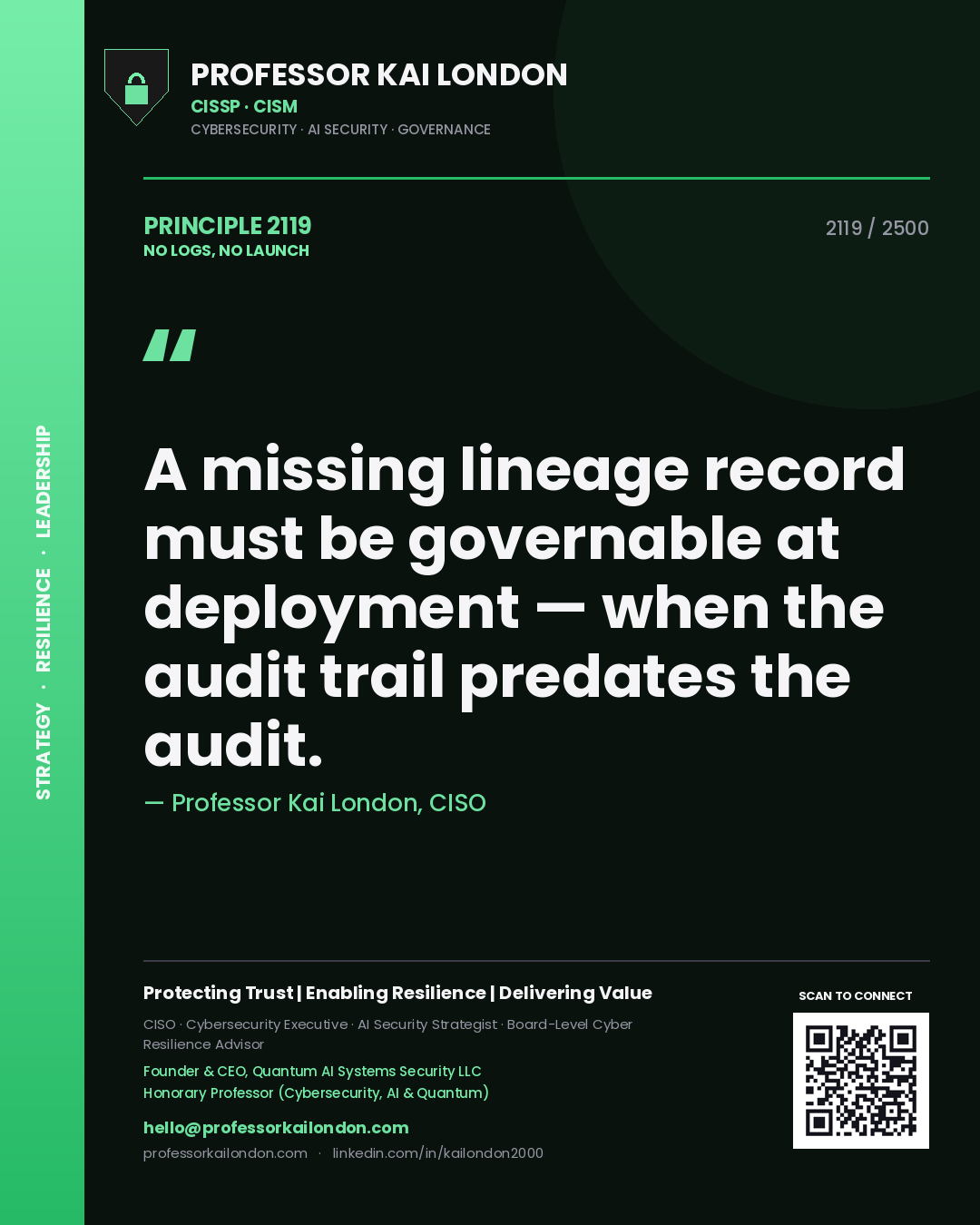 Quote card by Professor Kai London reading 'A missing lineage record must be governable at deployment — when the audit trail predates the audit.'. From the book No Logs, No Launch.