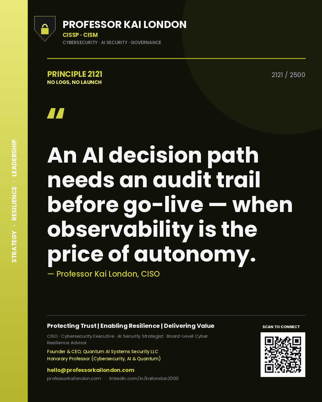 Professor Kai London principle 2121: An AI decision path needs an audit trail before go-live — when observability is the price of autonomy.