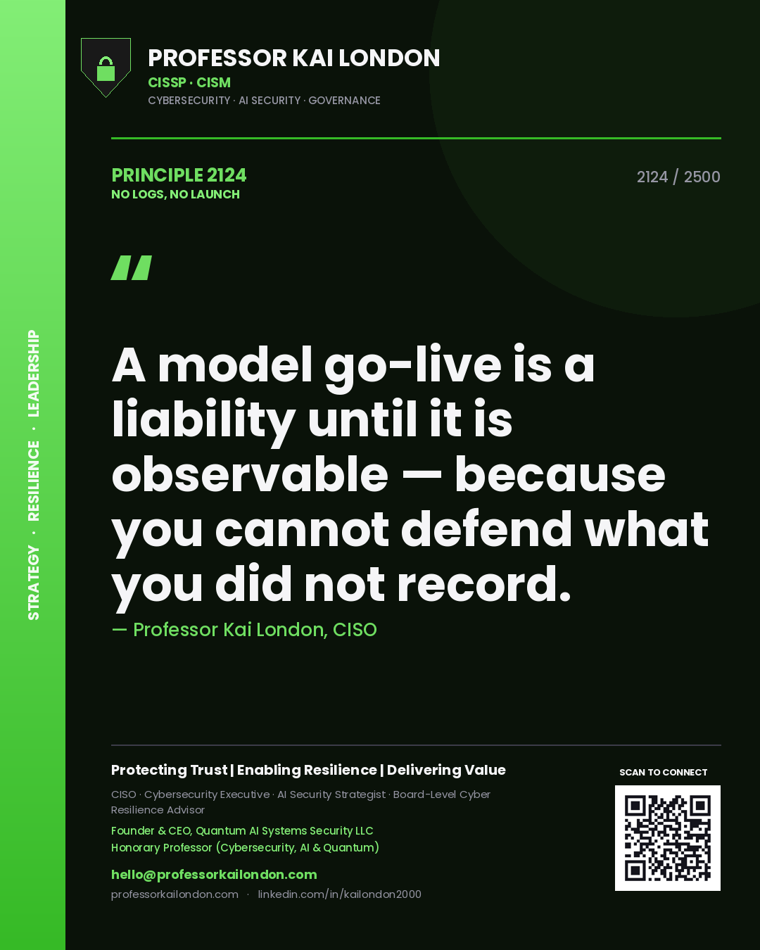 Professor Kai London principle 2124: A model go-live is a liability until it is observable — because you cannot defend what you did not record.