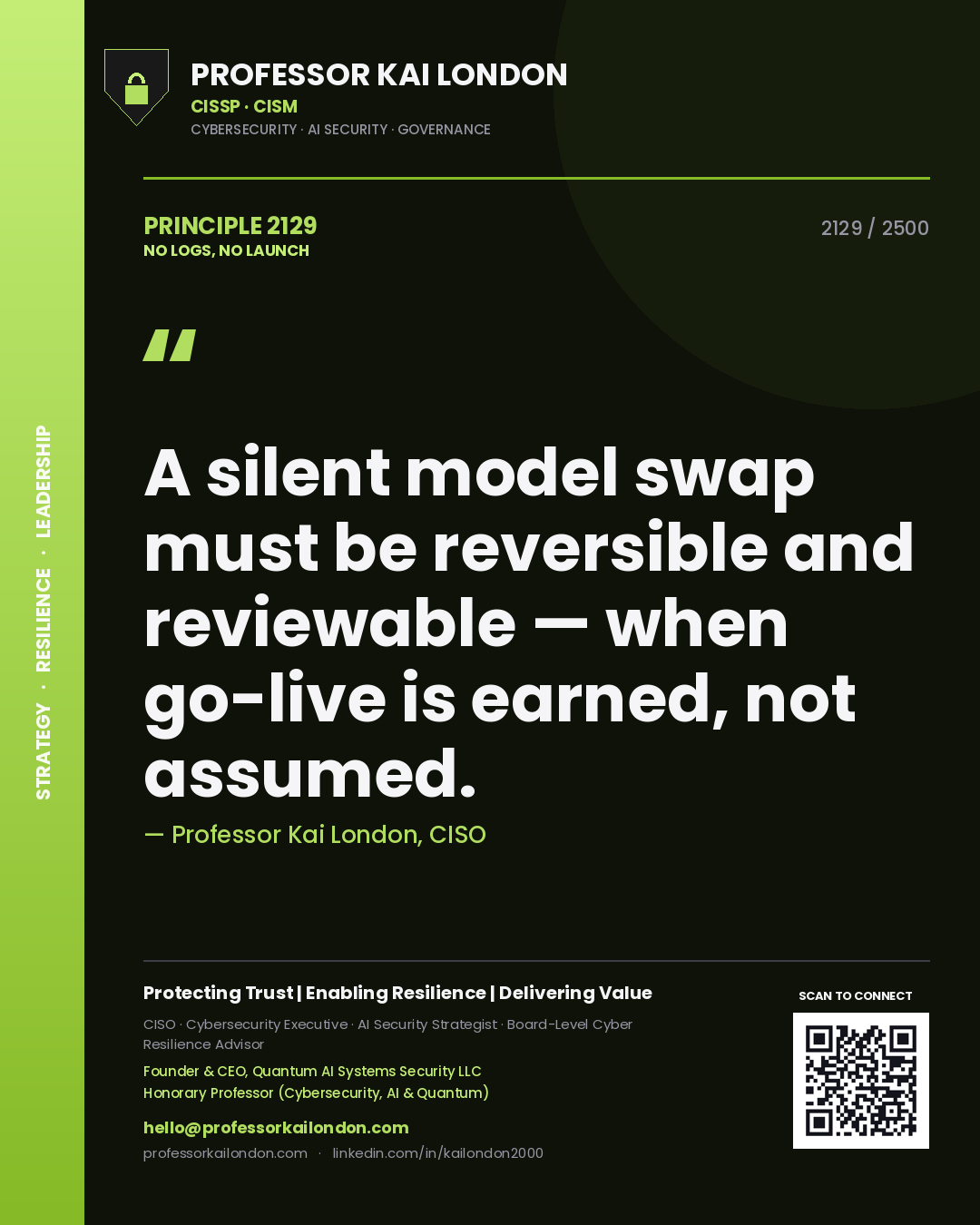 Quote card by Professor Kai London reading 'A silent model swap must be reversible and reviewable — when go-live is earned, not assumed.'. From the book No Logs, No Launch.
