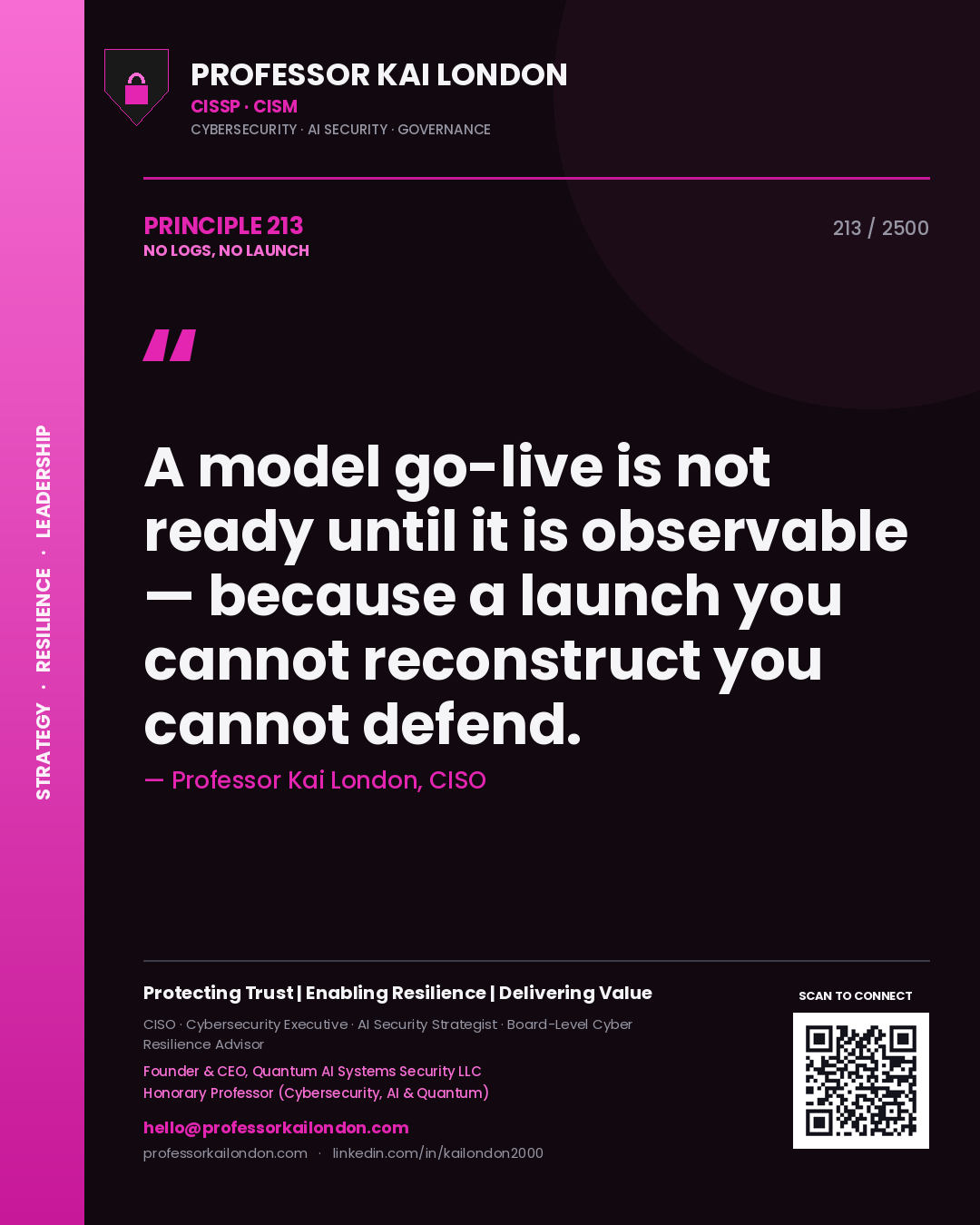 Quote card by Professor Kai London reading 'A model go-live is not ready until it is observable — because a launch you cannot reconstruct you cannot defend.'. From the book No Logs, No Launch.