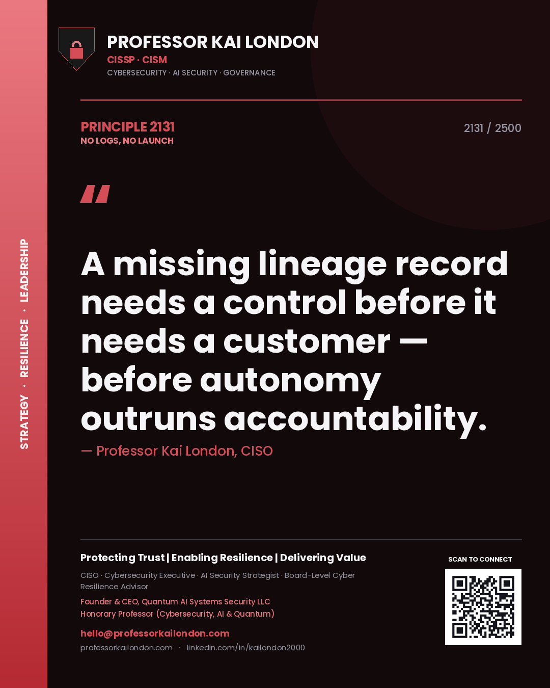 Professor Kai London principle 2131: A missing lineage record needs a control before it needs a customer — before autonomy outruns accountability.
