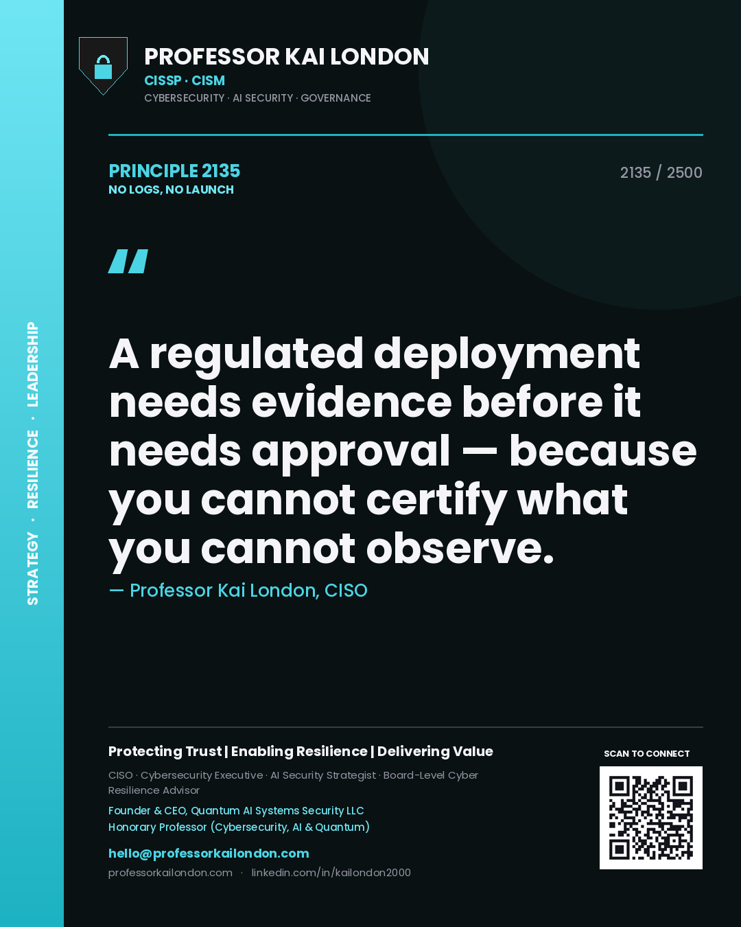 Professor Kai London principle 2135: A regulated deployment needs evidence before it needs approval — because you cannot certify what you cannot observe.