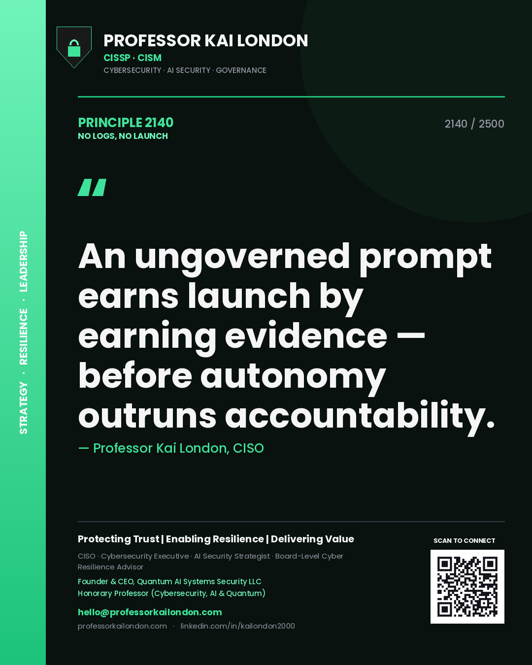 Professor Kai London principle 2140: An ungoverned prompt earns launch by earning evidence — before autonomy outruns accountability.
