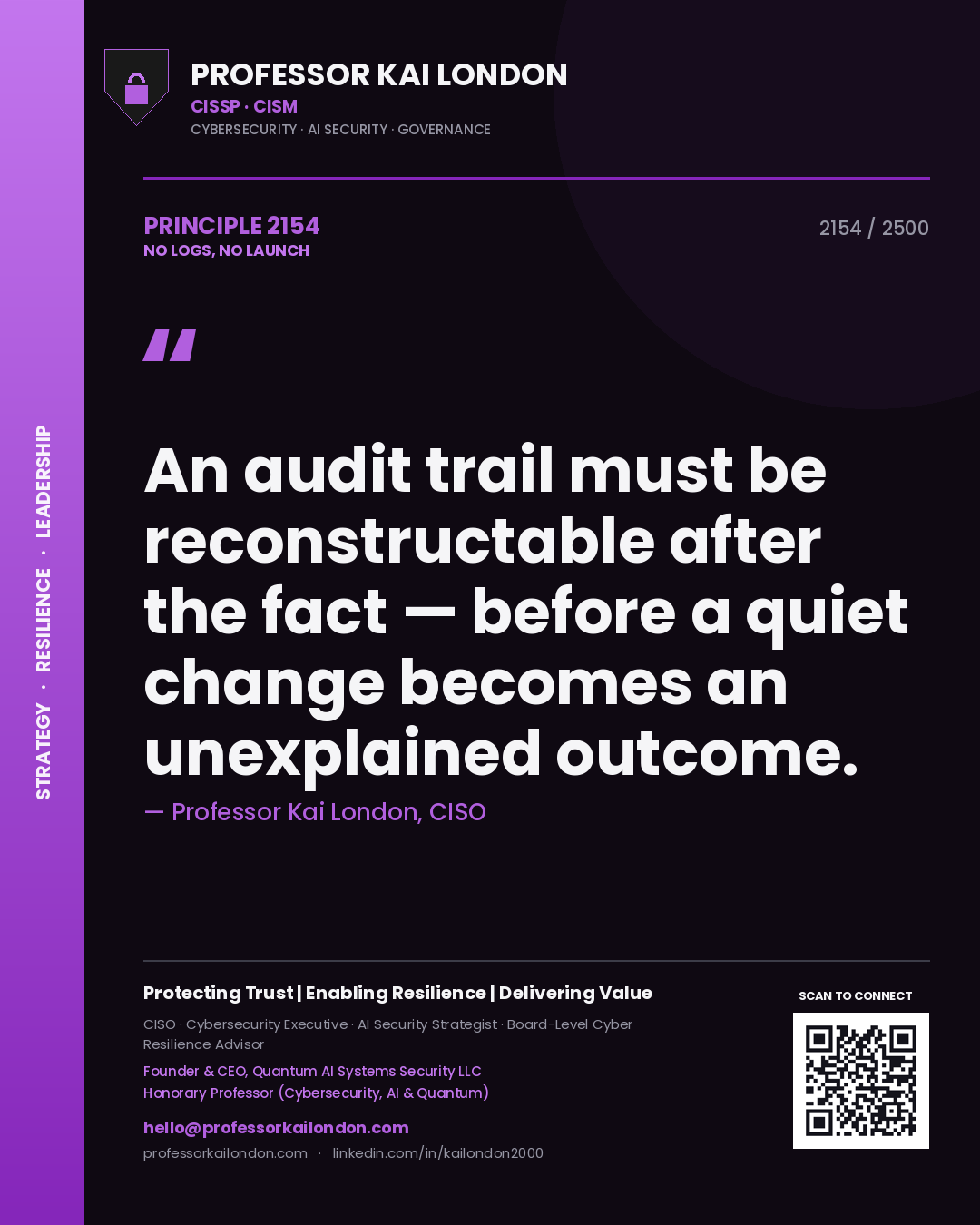 Professor Kai London principle 2154: An audit trail must be reconstructable after the fact — before a quiet change becomes an unexplained outcome.