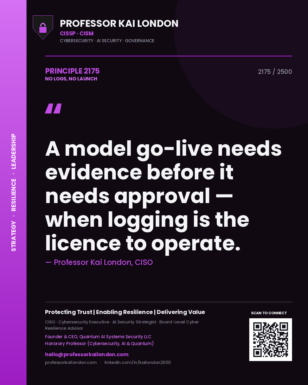 Professor Kai London principle 2175: A model go-live needs evidence before it needs approval — when logging is the licence to operate.