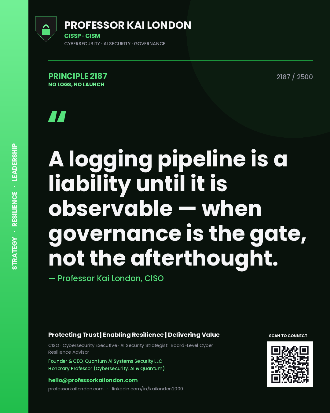 Professor Kai London principle 2187: A logging pipeline is a liability until it is observable — when governance is the gate, not the afterthought.