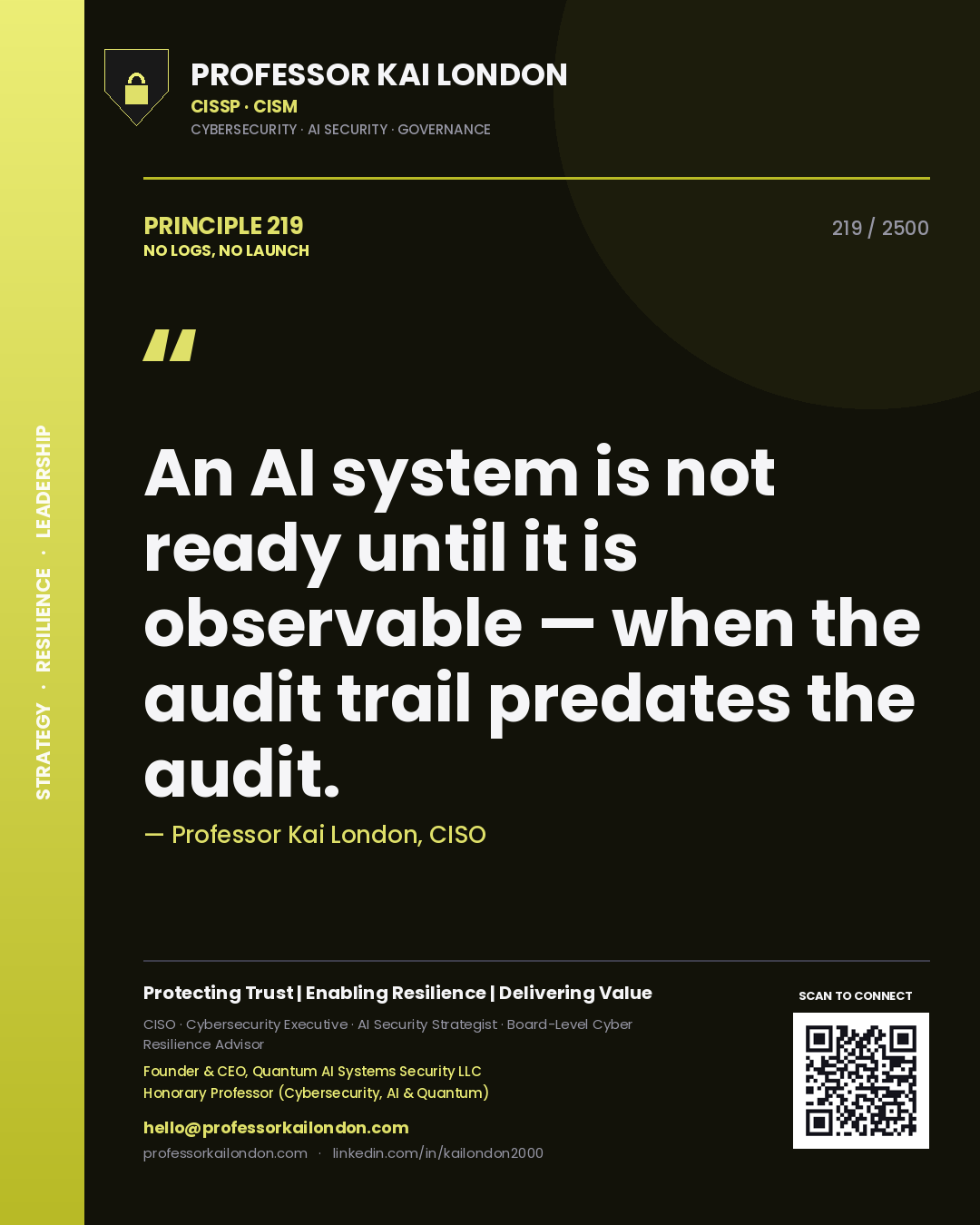 Professor Kai London principle 219: An AI system is not ready until it is observable — when the audit trail predates the audit.