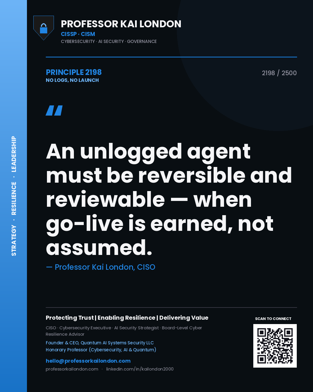 Professor Kai London principle 2198: An unlogged agent must be reversible and reviewable — when go-live is earned, not assumed.