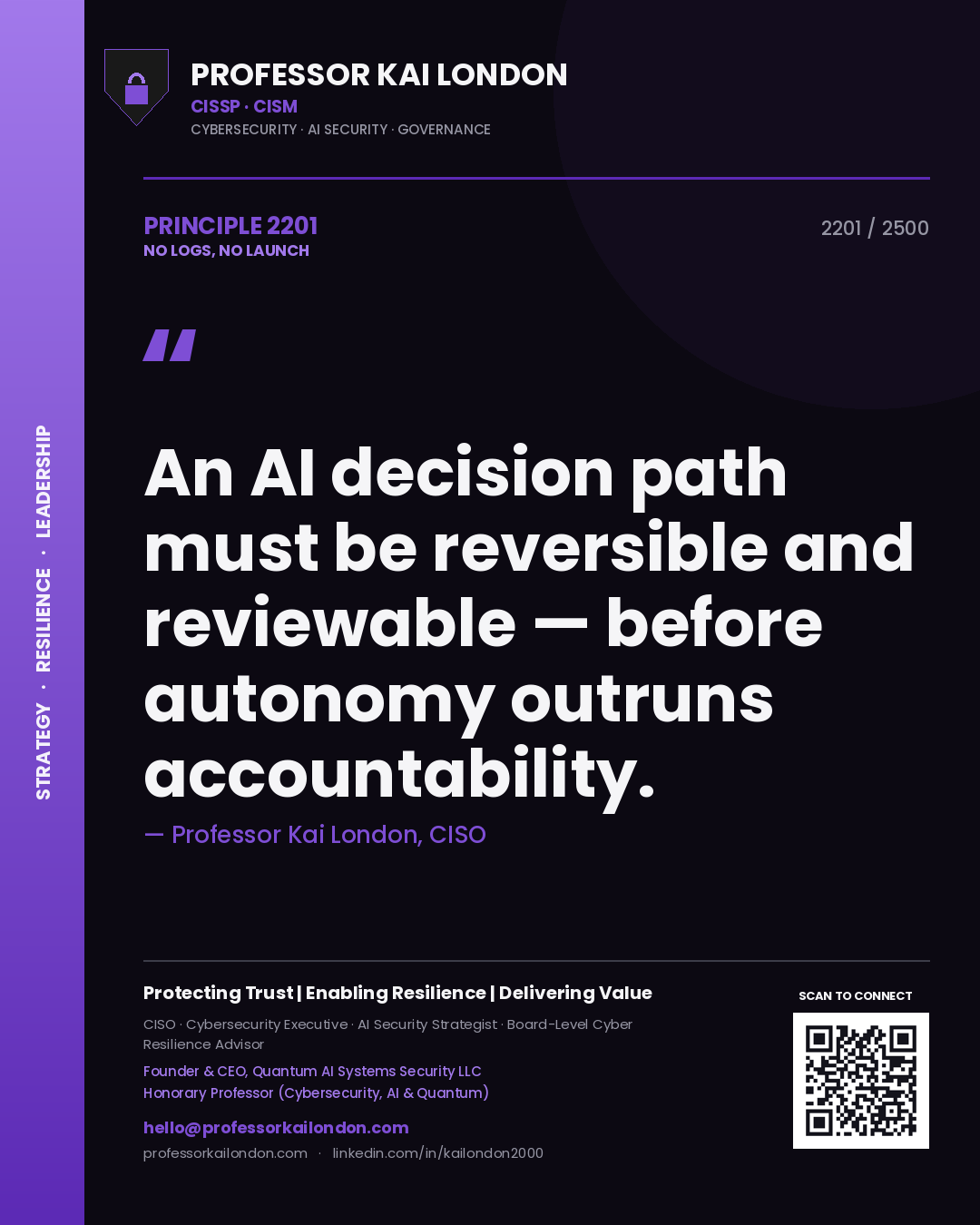 Quote card by Professor Kai London reading 'An AI decision path must be reversible and reviewable — before autonomy outruns accountability.'. From the book No Logs, No Launch.