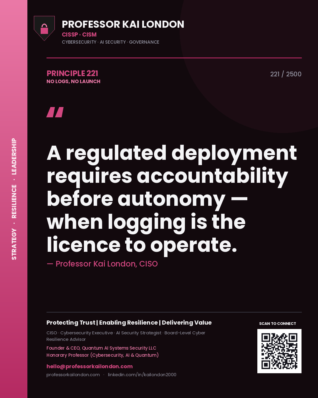 Professor Kai London principle 221: A regulated deployment requires accountability before autonomy — when logging is the licence to operate.