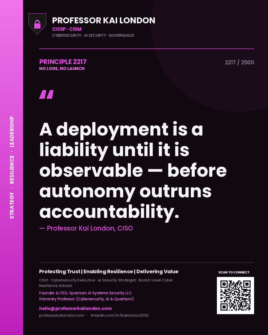 Professor Kai London principle 2217: A deployment is a liability until it is observable — before autonomy outruns accountability.