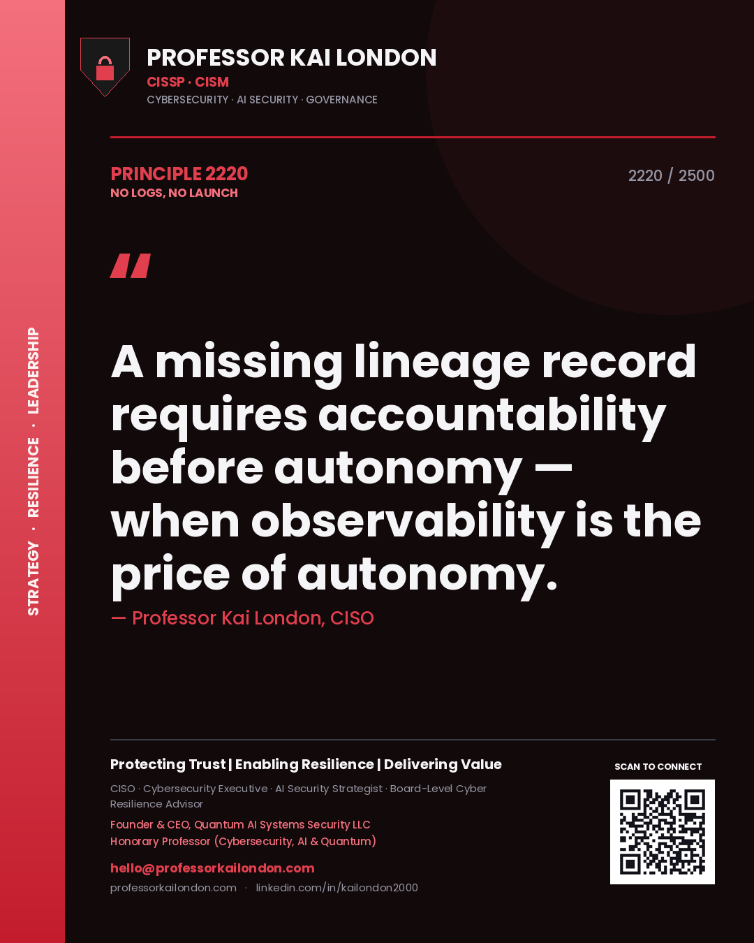 Professor Kai London principle 2220: A missing lineage record requires accountability before autonomy — when observability is the price of autonomy.