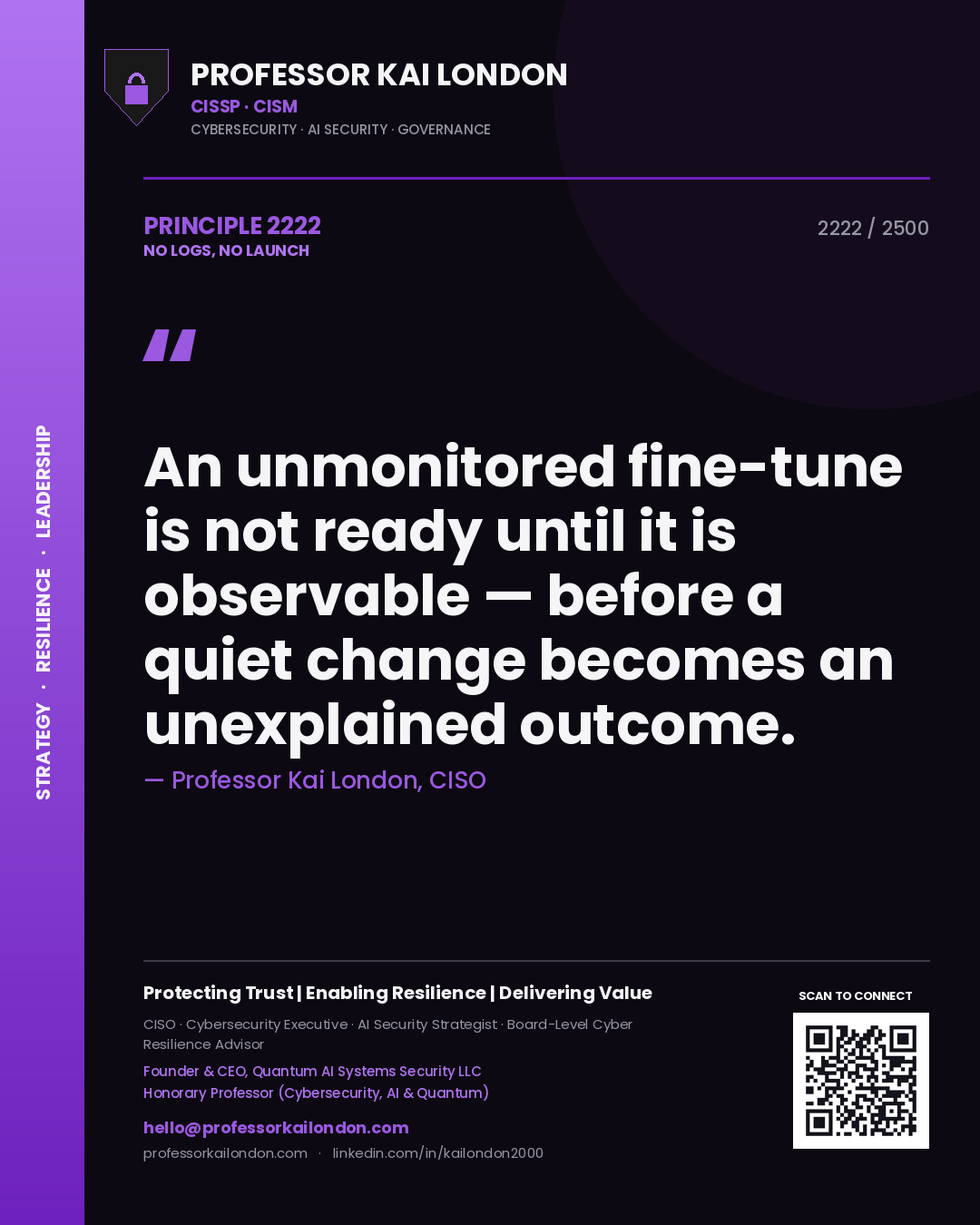 Professor Kai London principle 2222: An unmonitored fine-tune is not ready until it is observable — before a quiet change becomes an unexplained outcome.
