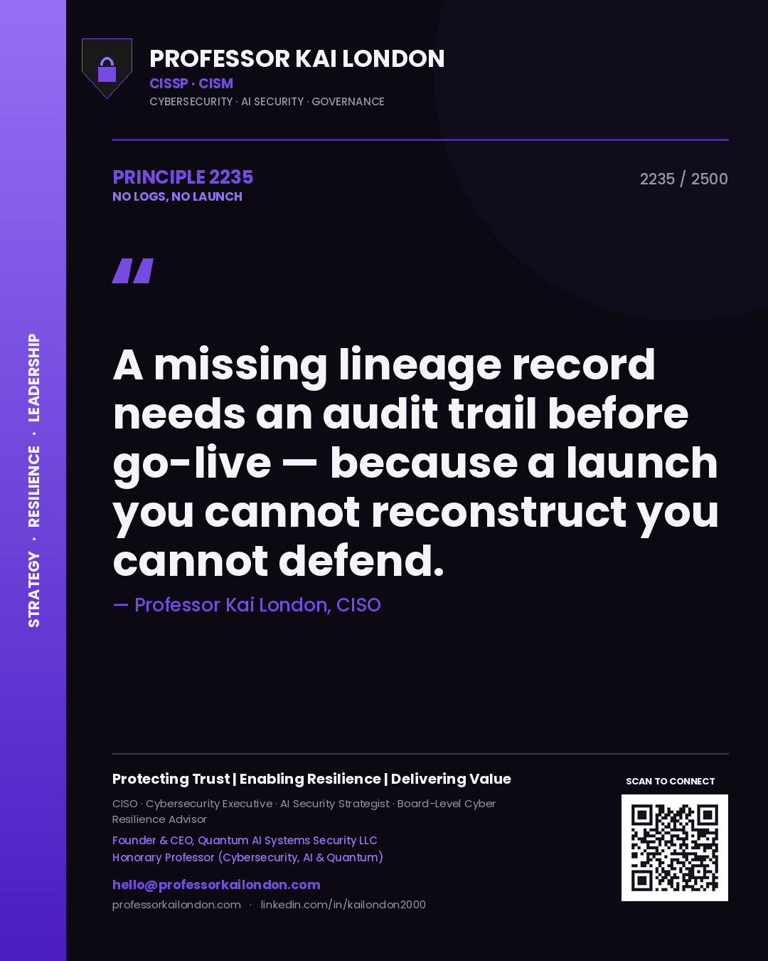 Professor Kai London principle 2235: A missing lineage record needs an audit trail before go-live — because a launch you cannot reconstruct you cannot defend.