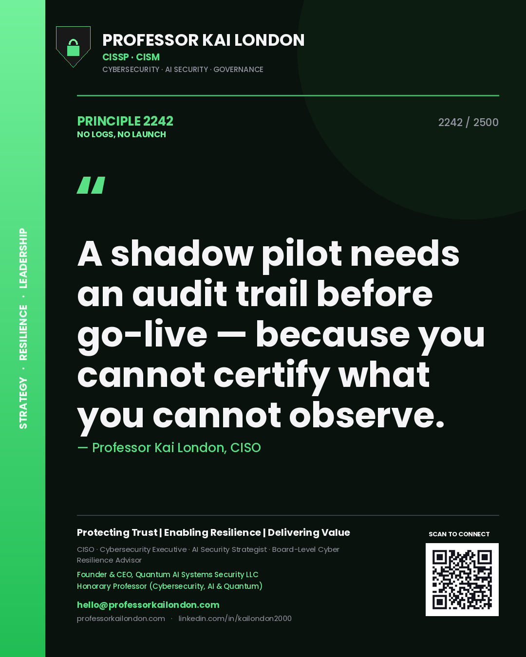 Professor Kai London principle 2242: A shadow pilot needs an audit trail before go-live — because you cannot certify what you cannot observe.