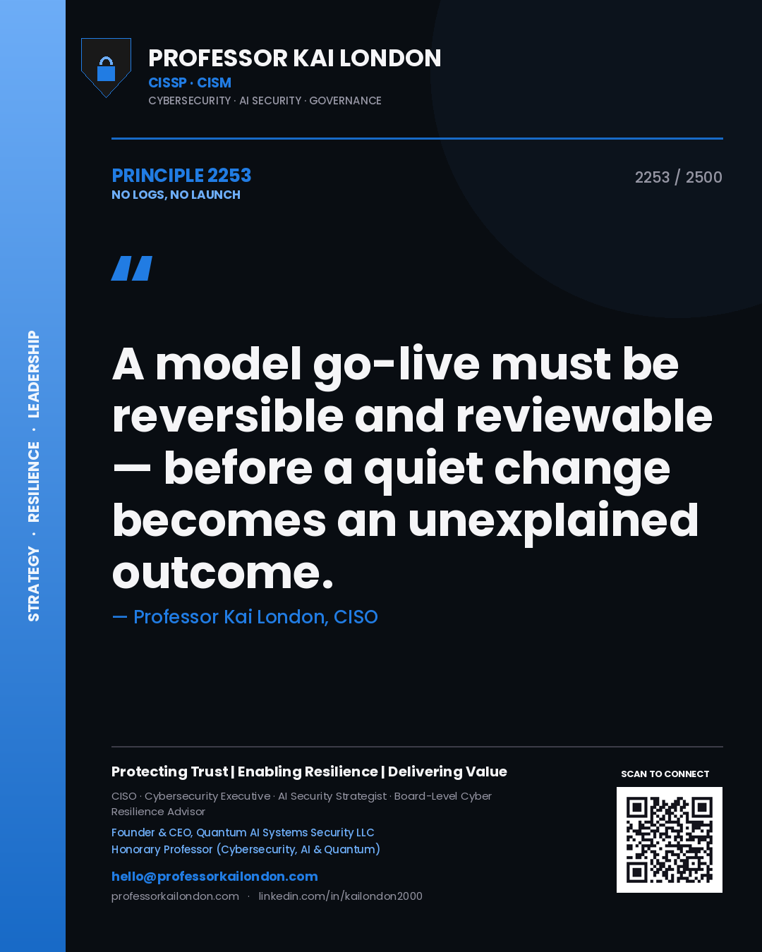 Quote card by Professor Kai London reading 'A model go-live must be reversible and reviewable — before a quiet change becomes an unexplained outcome.'. From the book No Logs, No Launch.
