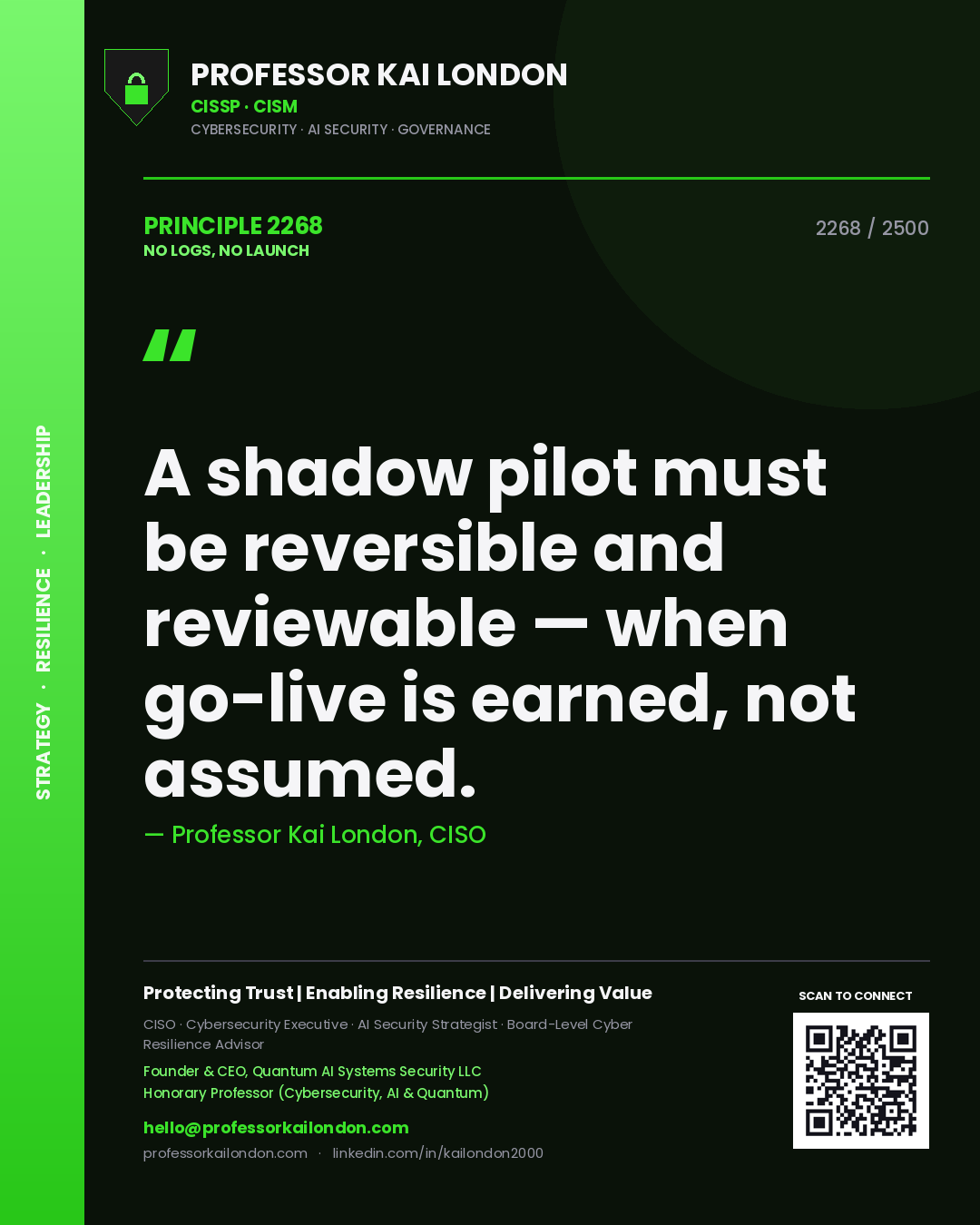 Professor Kai London principle 2268: A shadow pilot must be reversible and reviewable — when go-live is earned, not assumed.