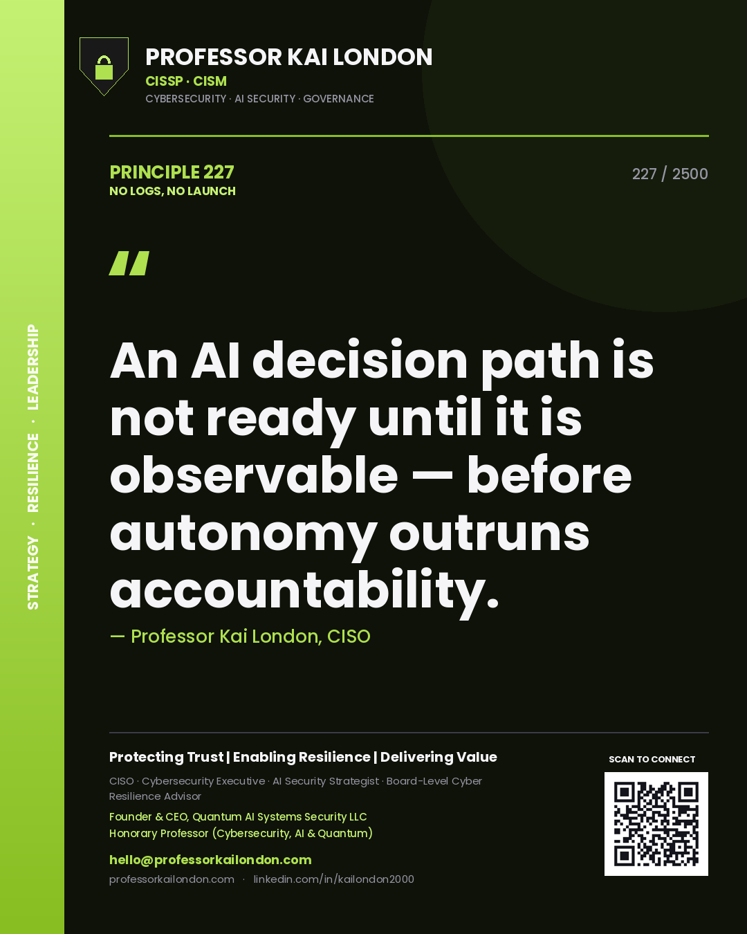 Professor Kai London principle 227: An AI decision path is not ready until it is observable — before autonomy outruns accountability.