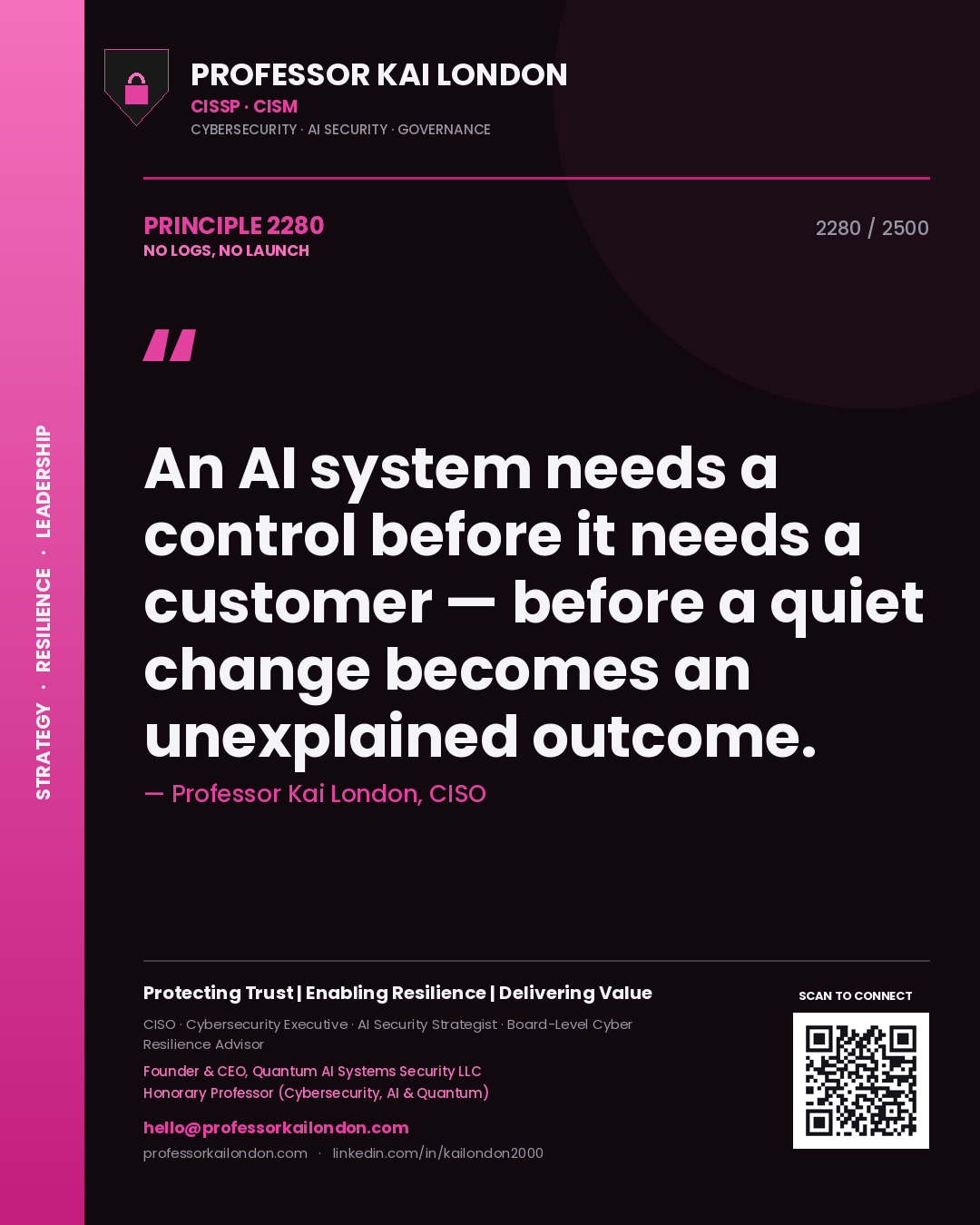 Quote card by Professor Kai London reading 'An AI system needs a control before it needs a customer — before a quiet change becomes an unexplained outcome.'. From the book No Logs, No Launch.