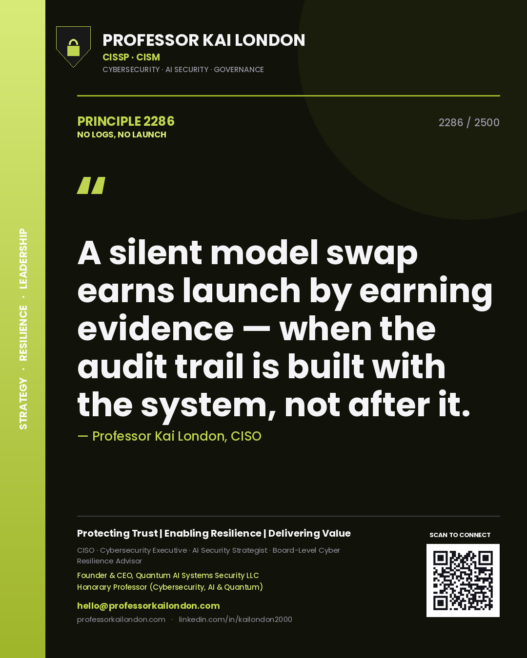 Professor Kai London principle 2286: A silent model swap earns launch by earning evidence — when the audit trail is built with the system, not after it.