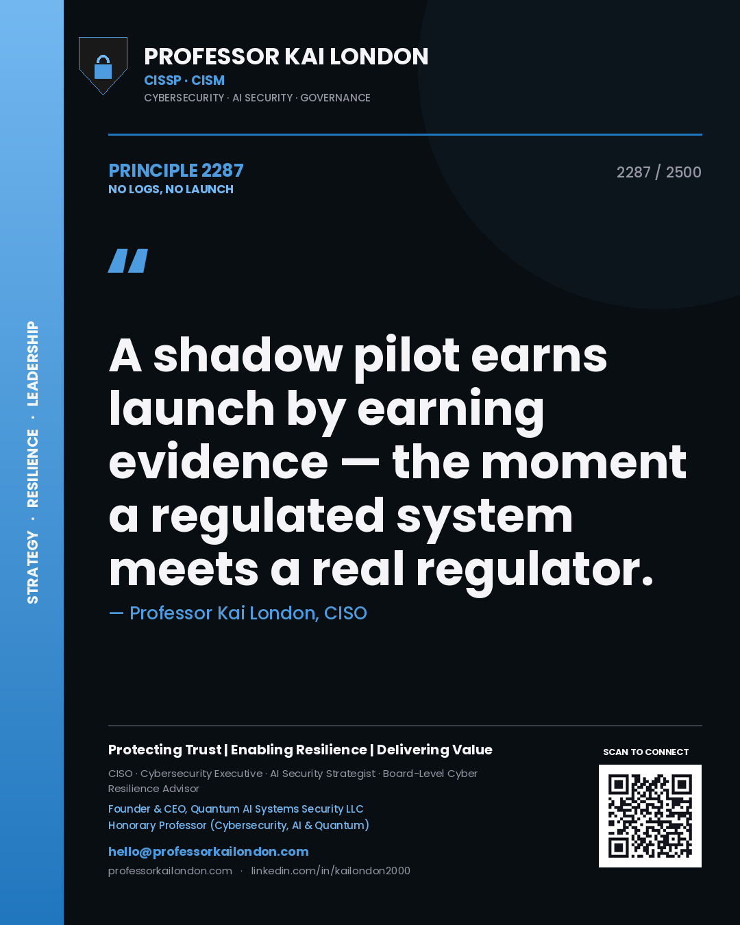 Professor Kai London principle 2287: A shadow pilot earns launch by earning evidence — the moment a regulated system meets a real regulator.