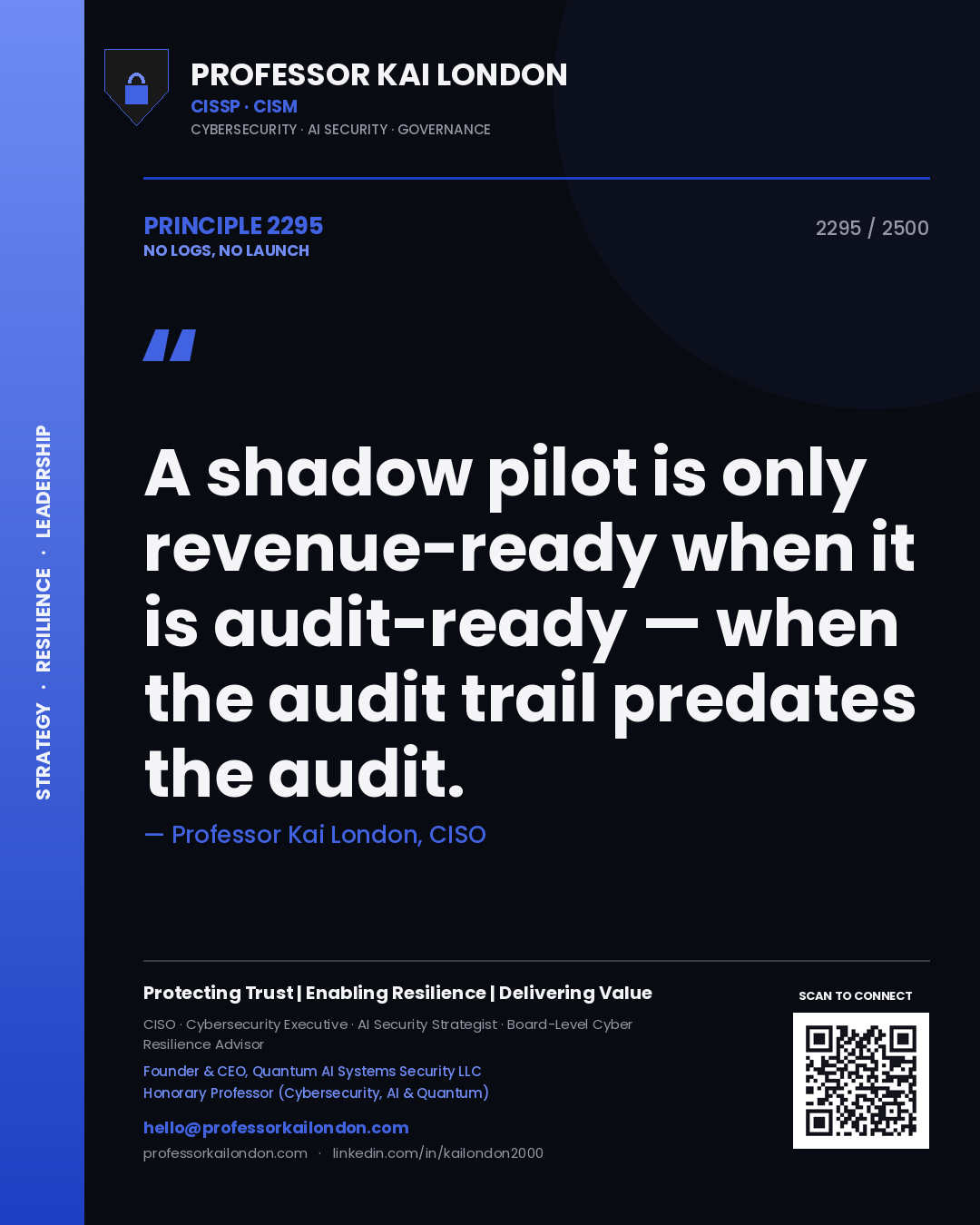 Professor Kai London principle 2295: A shadow pilot is only revenue-ready when it is audit-ready — when the audit trail predates the audit.