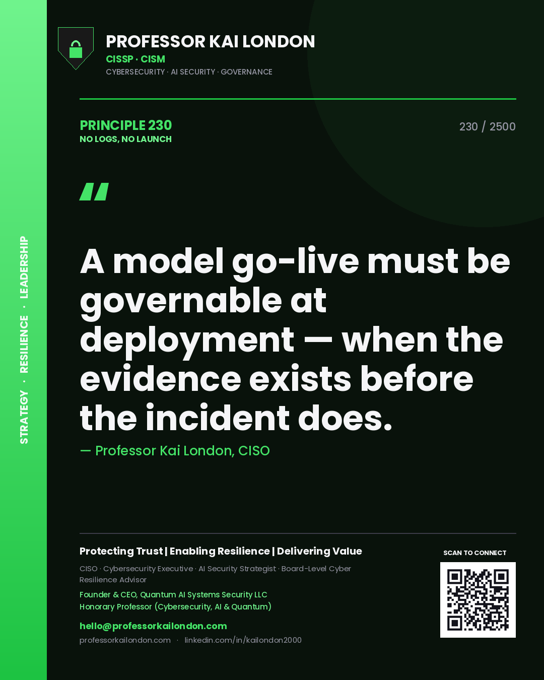 Quote card by Professor Kai London reading 'A model go-live must be governable at deployment — when the evidence exists before the incident does.'. From the book No Logs, No Launch.