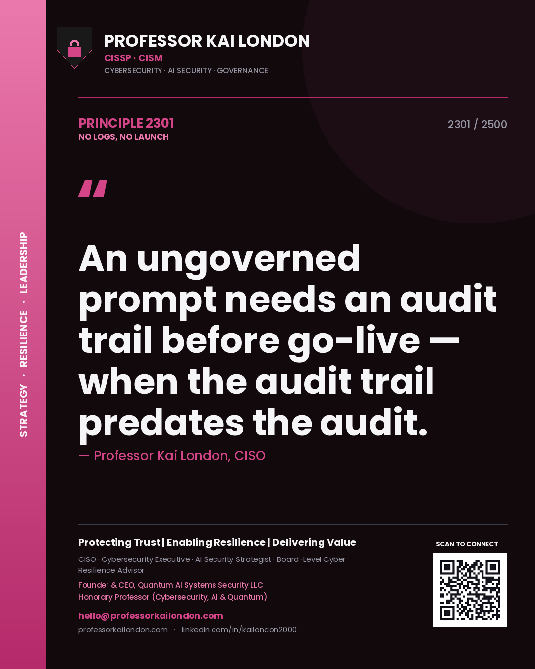 Professor Kai London principle 2301: An ungoverned prompt needs an audit trail before go-live — when the audit trail predates the audit.