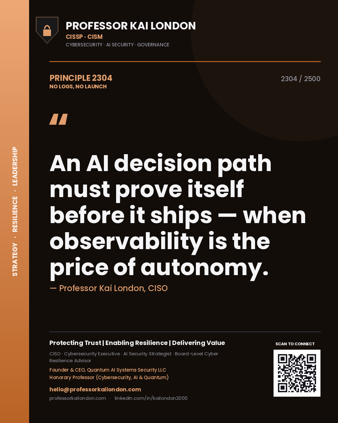 Professor Kai London principle 2304: An AI decision path must prove itself before it ships — when observability is the price of autonomy.