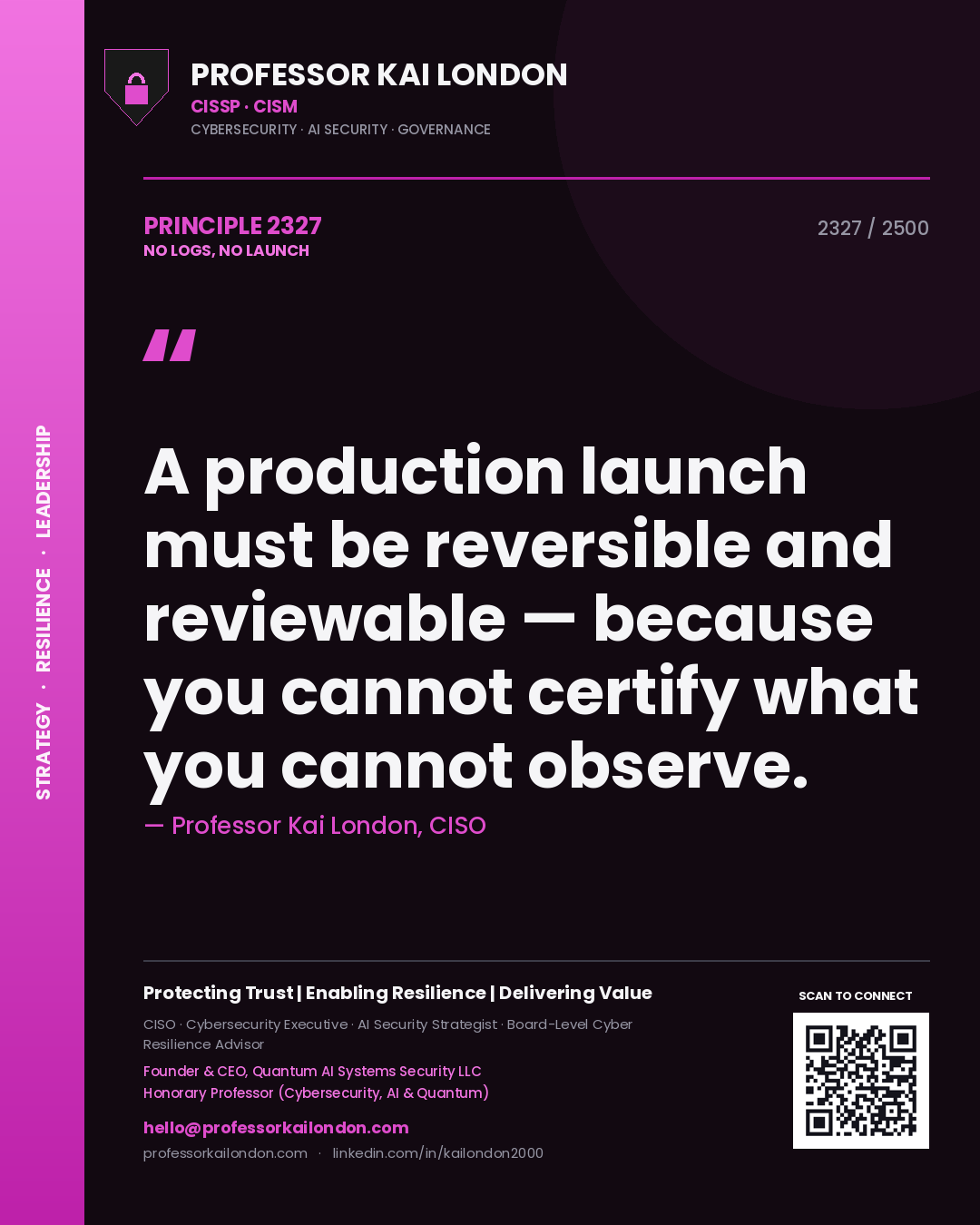 Professor Kai London principle 2327: A production launch must be reversible and reviewable — because you cannot certify what you cannot observe.