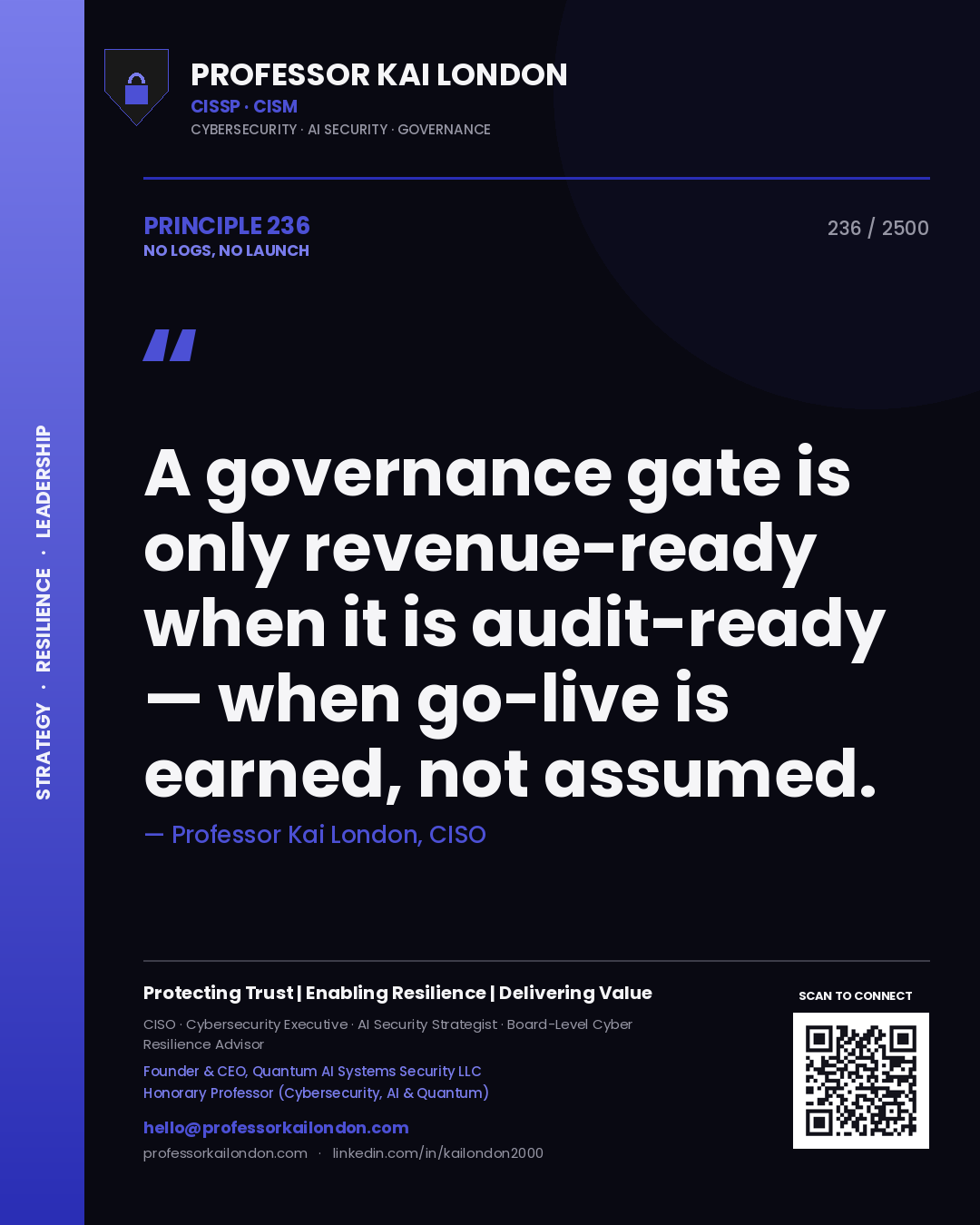 Professor Kai London principle 236: A governance gate is only revenue-ready when it is audit-ready — when go-live is earned, not assumed.