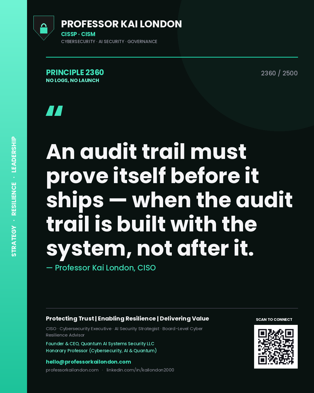 Quote card by Professor Kai London reading 'An audit trail must prove itself before it ships — when the audit trail is built with the system, not after it.'. From the book No Logs, No Launch.