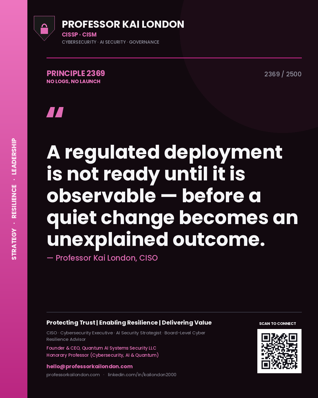 Professor Kai London principle 2369: A regulated deployment is not ready until it is observable — before a quiet change becomes an unexplained outcome.