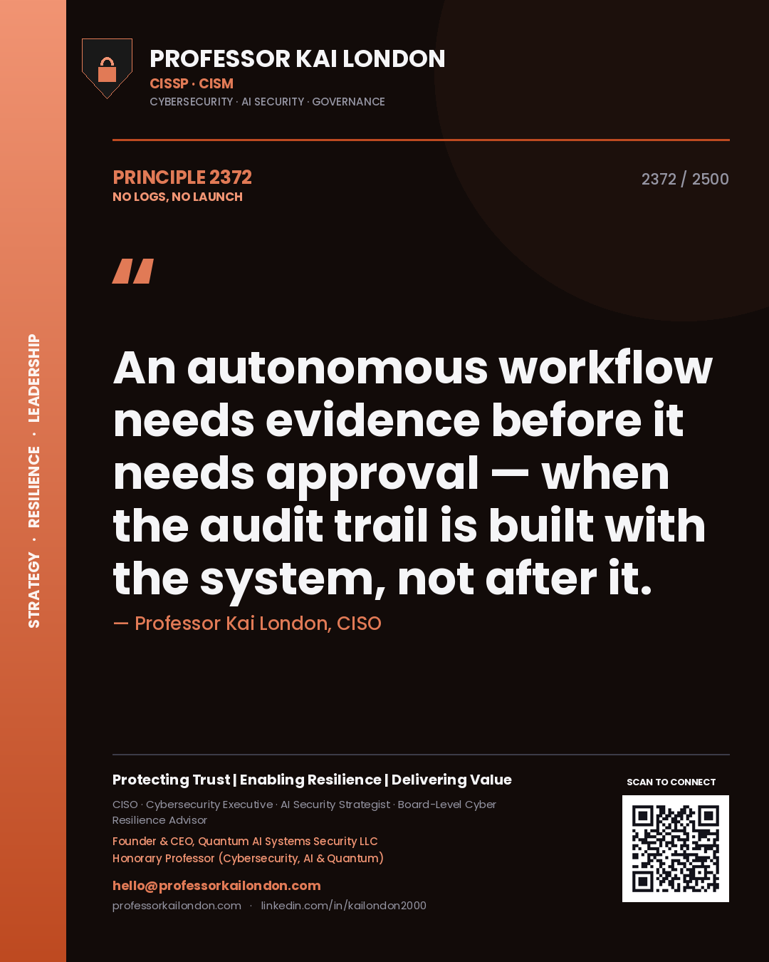 Professor Kai London principle 2372: An autonomous workflow needs evidence before it needs approval — when the audit trail is built with the system, not after it.