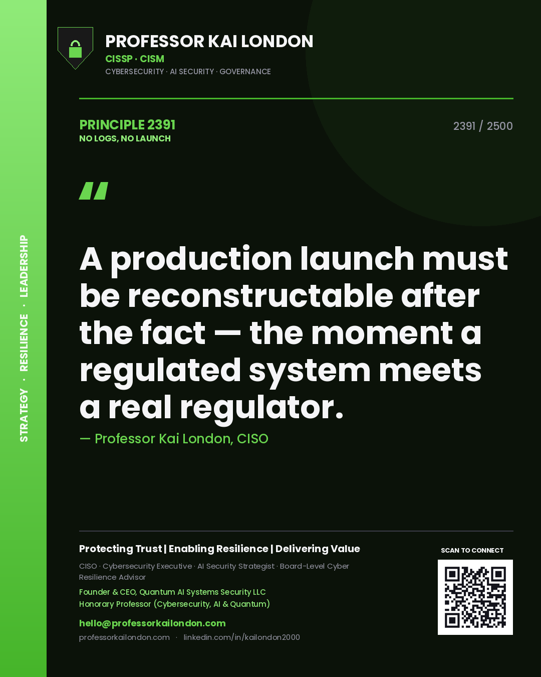 Professor Kai London principle 2391: A production launch must be reconstructable after the fact — the moment a regulated system meets a real regulator.
