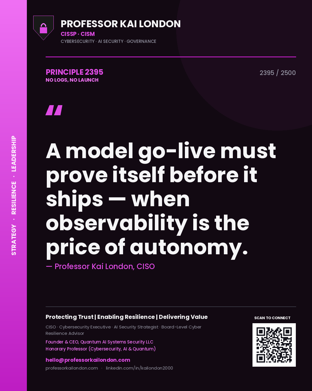 Professor Kai London principle 2395: A model go-live must prove itself before it ships — when observability is the price of autonomy.