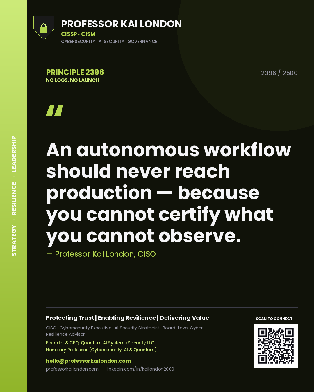 Professor Kai London principle 2396: An autonomous workflow should never reach production — because you cannot certify what you cannot observe.