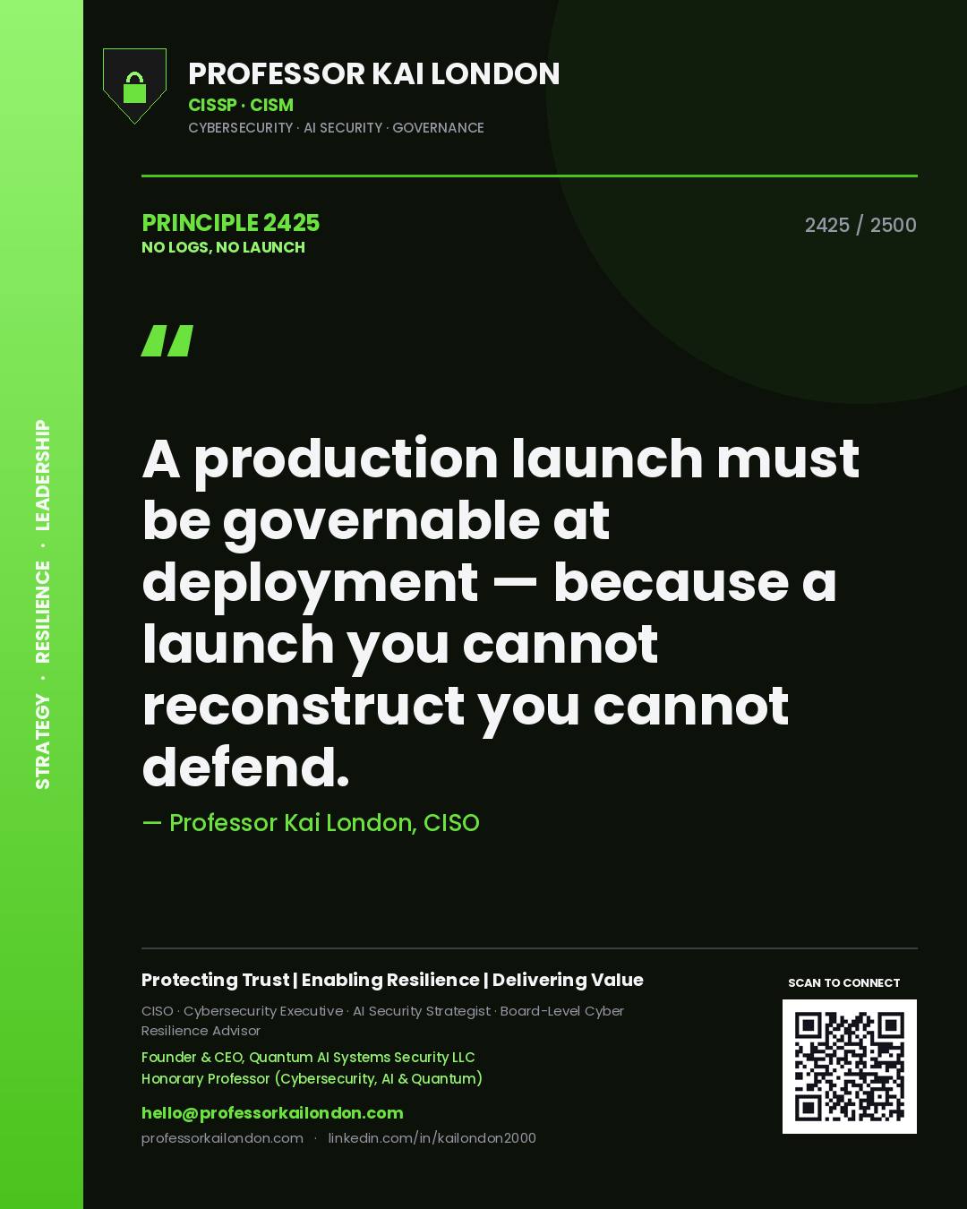 Professor Kai London principle 2425: A production launch must be governable at deployment — because a launch you cannot reconstruct you cannot defend.