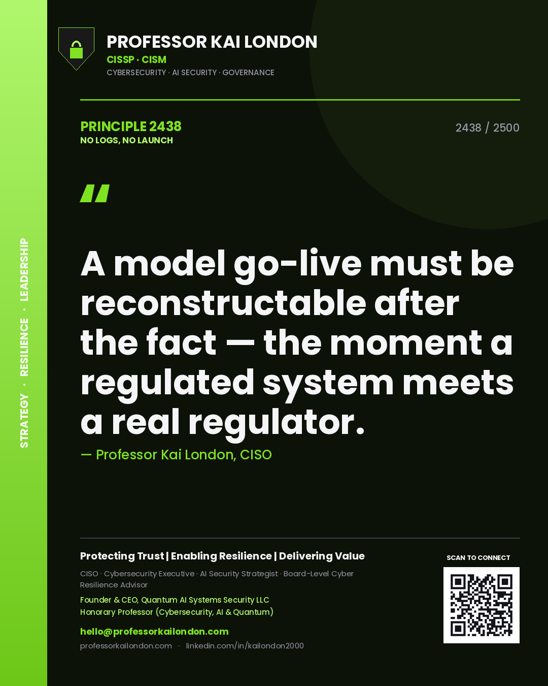 Professor Kai London principle 2438: A model go-live must be reconstructable after the fact — the moment a regulated system meets a real regulator.