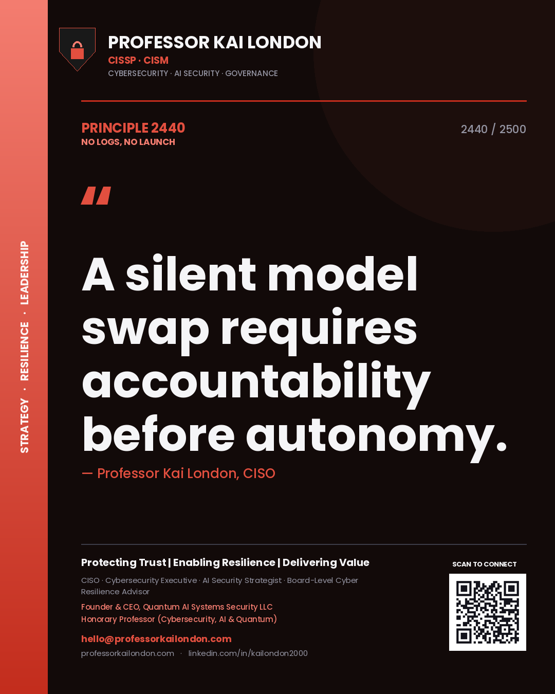 Quote card by Professor Kai London reading 'A silent model swap requires accountability before autonomy.'. From the book No Logs, No Launch.