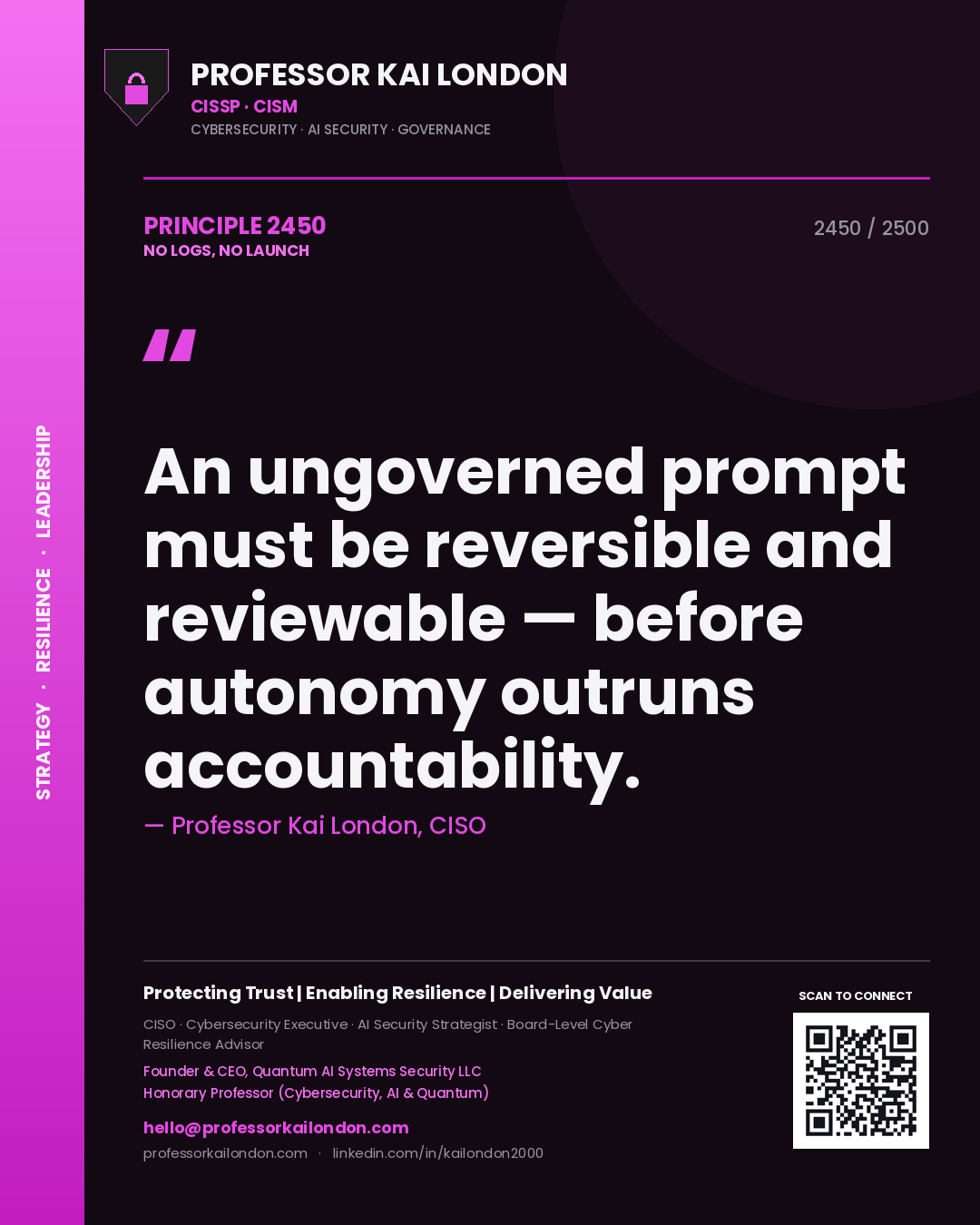 Professor Kai London principle 2450: An ungoverned prompt must be reversible and reviewable — before autonomy outruns accountability.