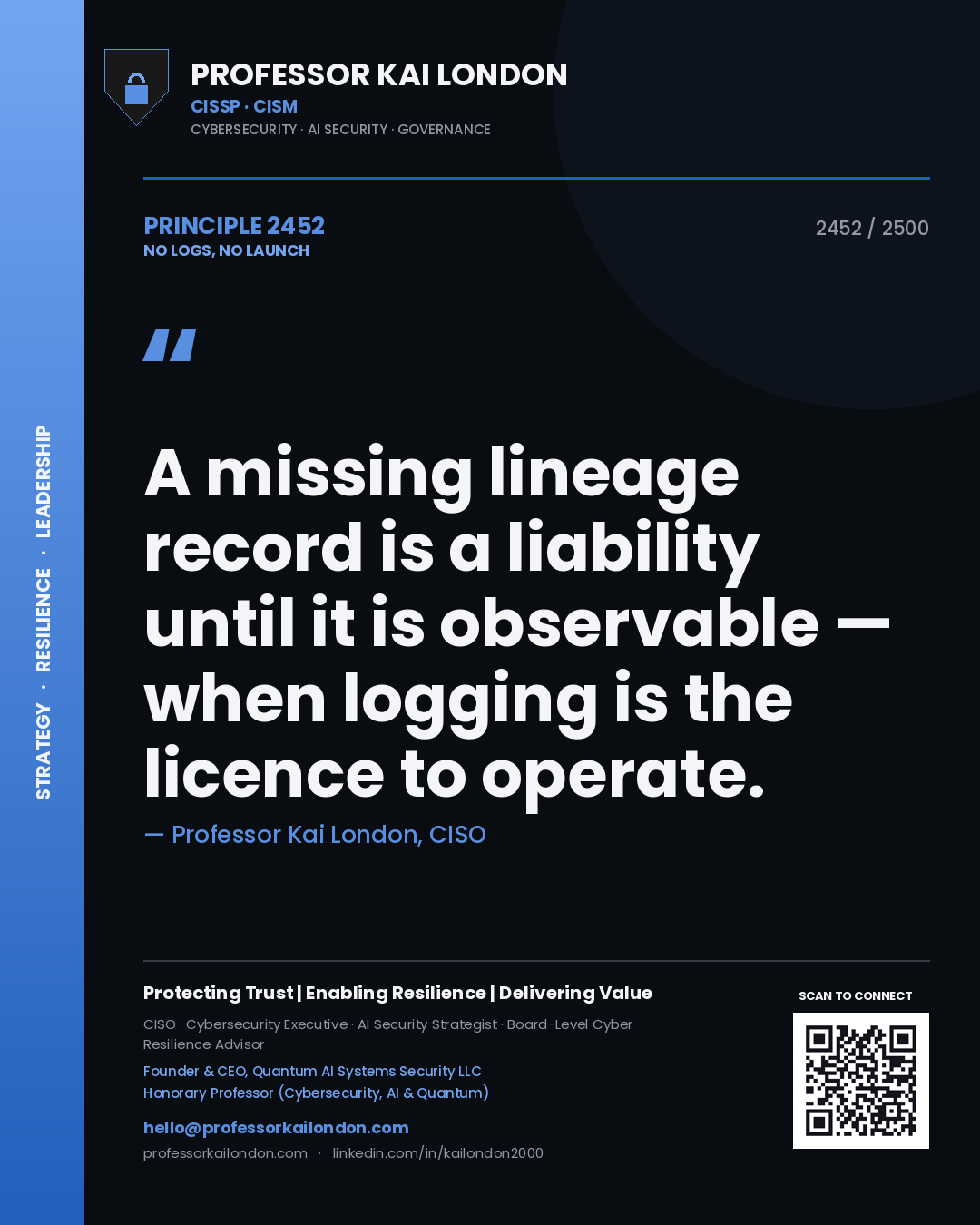 Professor Kai London principle 2452: A missing lineage record is a liability until it is observable — when logging is the licence to operate.