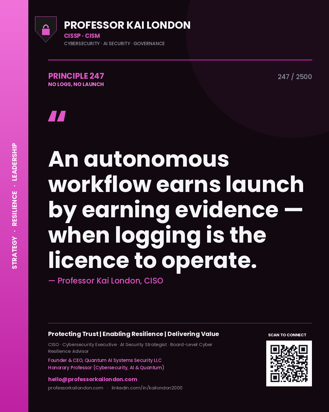 Professor Kai London principle 247: An autonomous workflow earns launch by earning evidence — when logging is the licence to operate.
