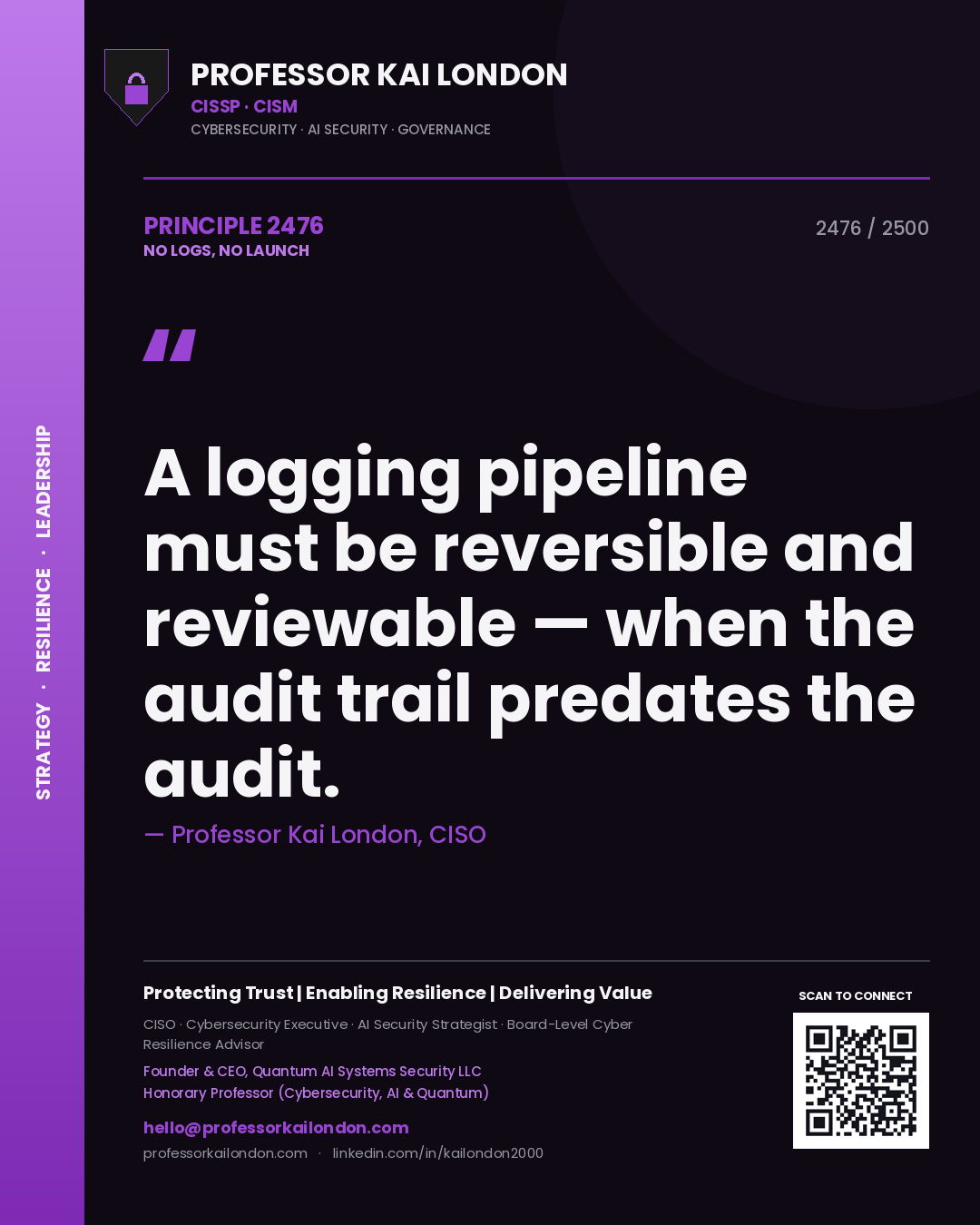 Professor Kai London principle 2476: A logging pipeline must be reversible and reviewable — when the audit trail predates the audit.