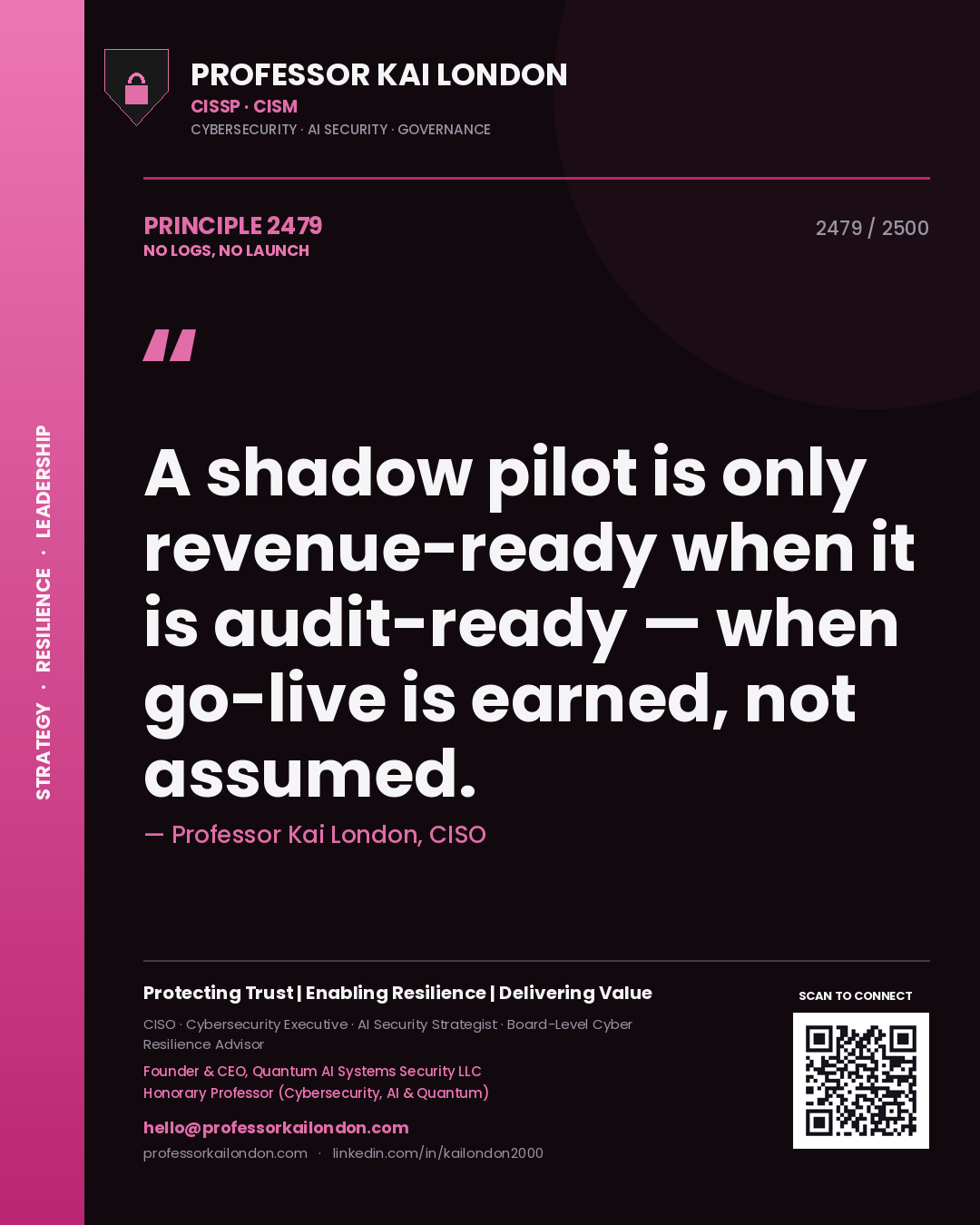 Quote card by Professor Kai London reading 'A shadow pilot is only revenue-ready when it is audit-ready — when go-live is earned, not assumed.'. From the book No Logs, No Launch.