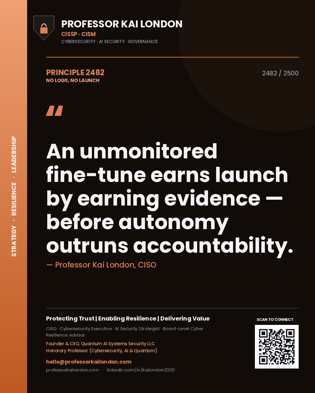 Quote card by Professor Kai London reading 'An unmonitored fine-tune earns launch by earning evidence — before autonomy outruns accountability.'. From the book No Logs, No Launch.