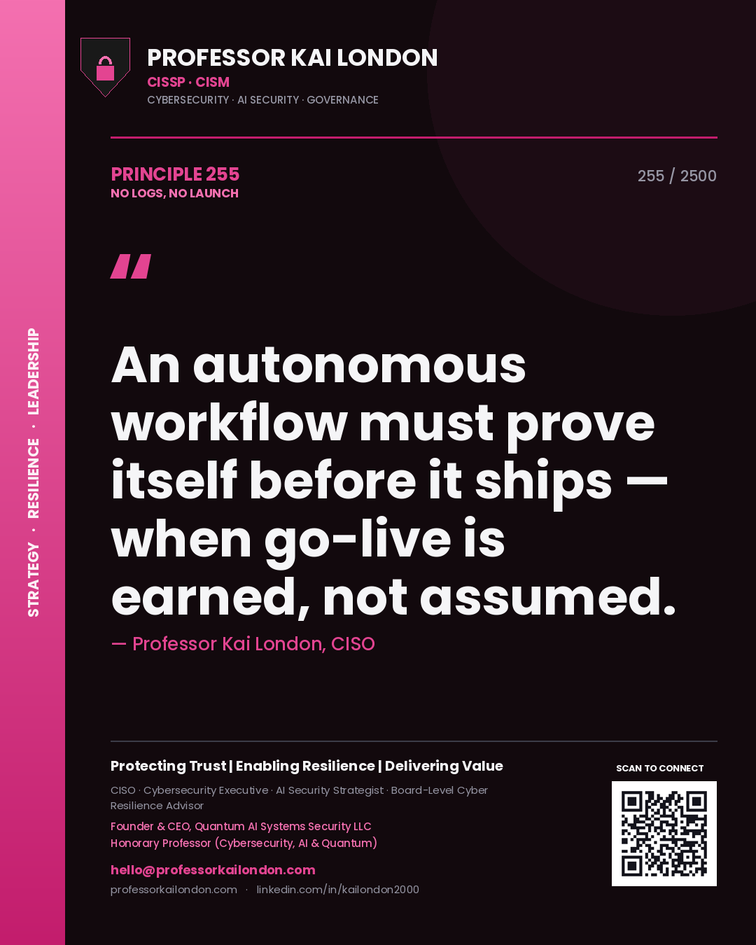 Quote card by Professor Kai London reading 'An autonomous workflow must prove itself before it ships — when go-live is earned, not assumed.'. From the book No Logs, No Launch.